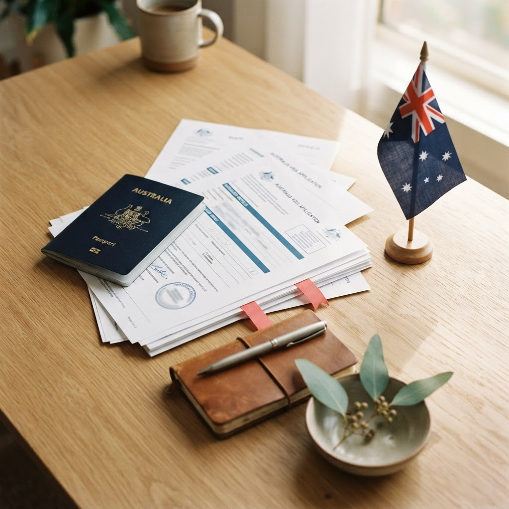 Dossier de visa de travail australien sur un bureau lumineux